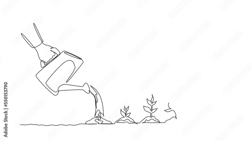 Animated self drawing of single continuous line draw hand with can watering plant at garden. Earth day save environment concept. Growing seedling forester planting. Full length one line animation