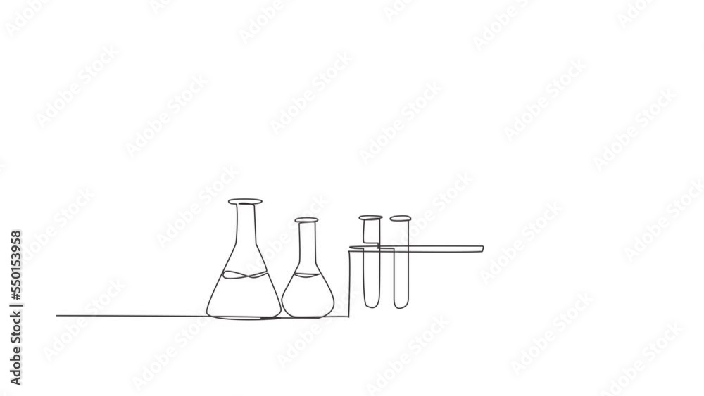 Self drawing animation of single line draw chemical research laboratory equipment. Chemistry laboratory glassware. Graduated lab test tube, beaker, flask. Continuous line draw. Full length animated