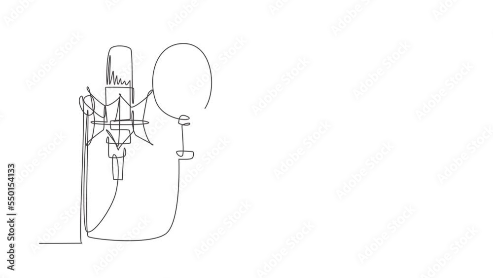 Self drawing animation of single line draw technology object, sound recording equipment concept. Studio silver microphone and black pop shield on mic stand. Continuous line draw. Full length animated Self drawing animation of single line draw technology object, sound recording equipment concept. Studio silver microphone and black pop shield on mic stand. Continuous line draw. Full length animated