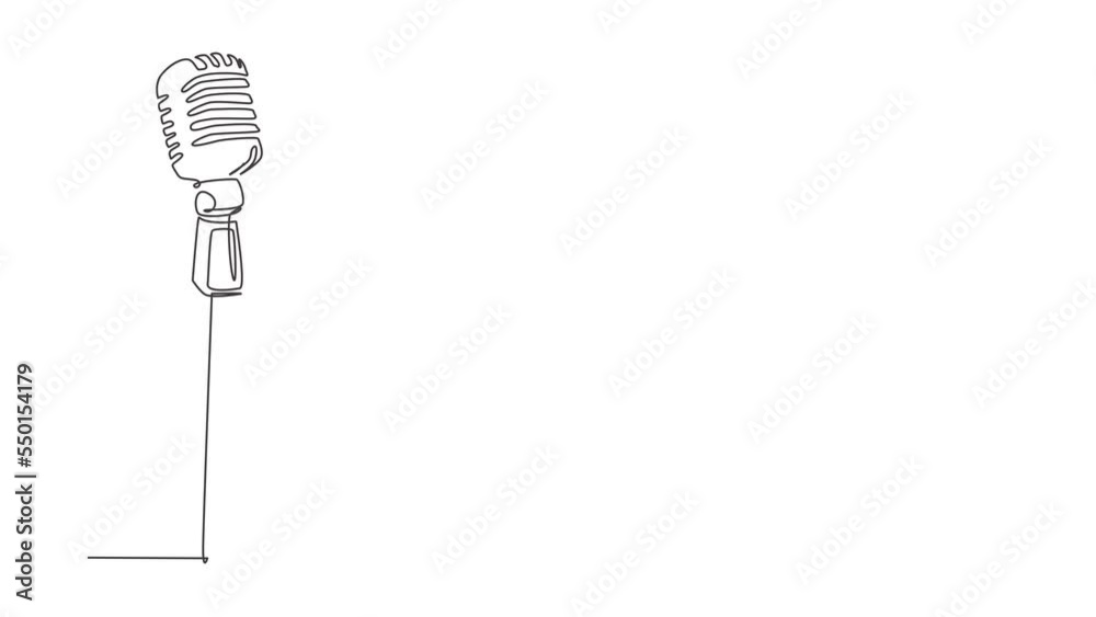 Self drawing animation of single one line draw vintage retro stage microphone. Old technology stand microphone concept for comedian at standup comedy show. Continuous line draw. Full length animated