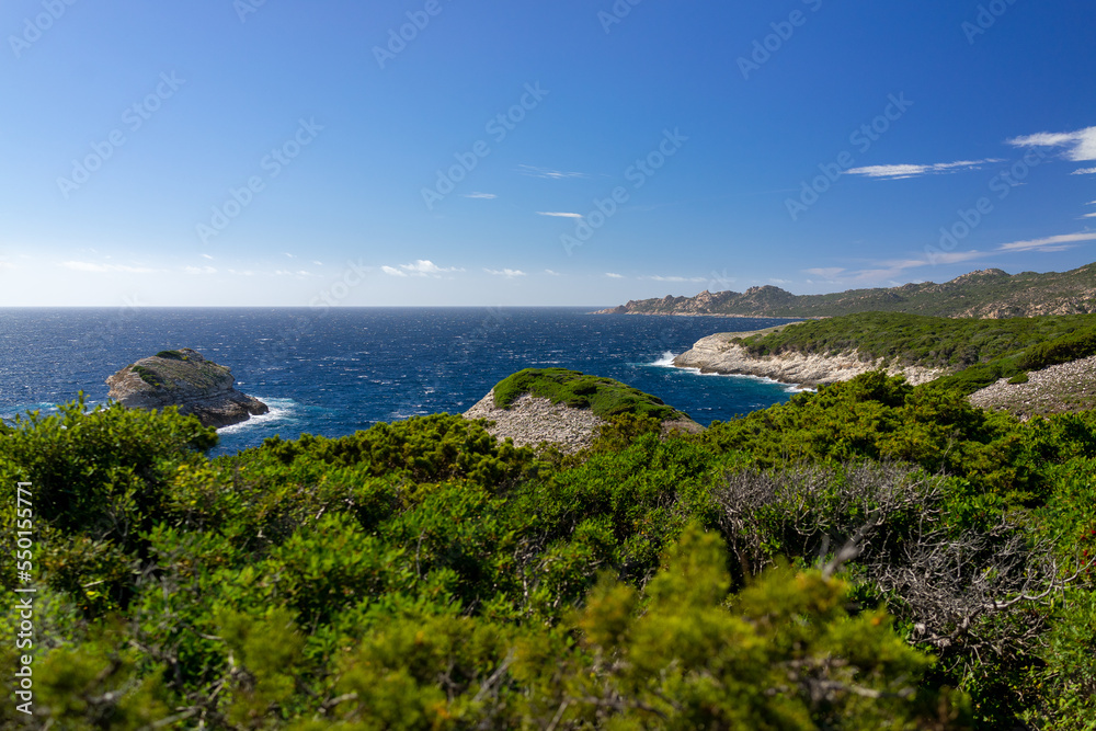 Corsica landscape with white rocks and green mountains and blue sky