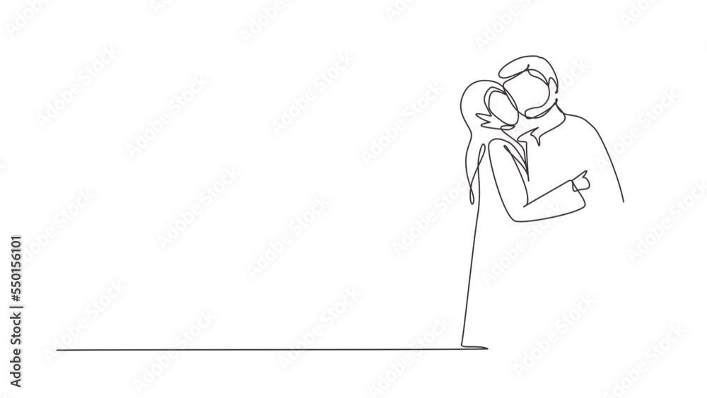 Animated self drawing of continuous line draw Arab boy and girl in love and kissing. Young couple lovers kissing. Happy man and woman celebrating wedding anniversary. Full length single line animation