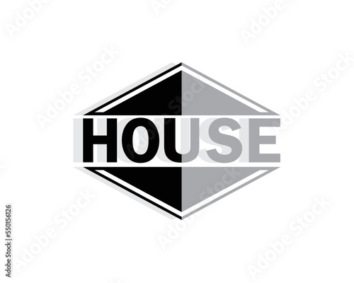 logo vector design of a word that reads HOUSE where at the top and bottom of the writing or word there is a triangle shaped like a roof and given a shadow effect