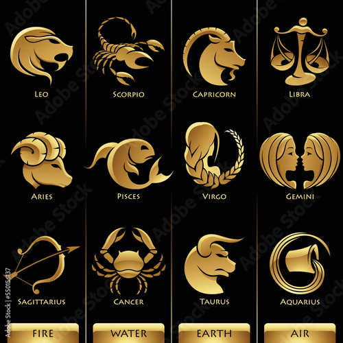 Golden Zodiac Star Signs on a Black Background
