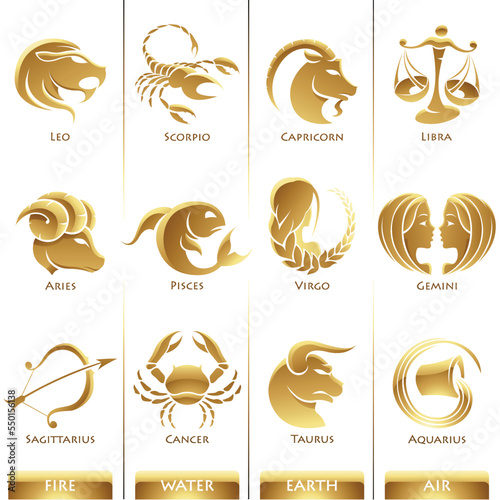 Golden Zodiac Star Signs on a White Background