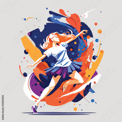 Girl dancer dancing learning dance routine in a studio of a dance school, female woman ballet, jazz, modern dancer fit happy, logo illustration design 