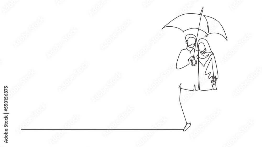 Animated self drawing of continuous line draw Arabian couple man woman, girl and boy walking holding umbrella under rain smiling hugging. Couple at rainy autumn weather. Full length one line animation Animated self drawing of continuous line draw Arabian couple man woman, girl and boy walking holding umbrella under rain smiling hugging. Couple at rainy autumn weather. Full length one line animation