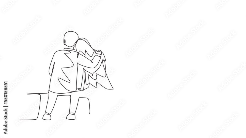Animated self drawing of continuous line draw back view Arab chatting, hugging while sitting on bench. Couple getting ready for wedding. Engagement, love relation. Full length single line animation Animated self drawing of continuous line draw back view Arab chatting, hugging while sitting on bench. Couple getting ready for wedding. Engagement, love relation. Full length single line animation