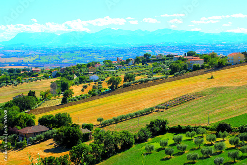 Serene view from Morrovalle at a traditional Marche hilly landscape full of green fields, trees and differently colored houses with the Sibillini mountains in the background on a fine summer day