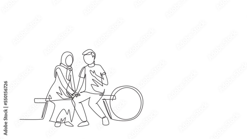 Animated self drawing of continuous line draw romantic Arabian couple chatting while sitting on bench. Romantic teenage couple ride bike. Young man and woman in love. Full length single line animation Animated self drawing of continuous line draw romantic Arabian couple chatting while sitting on bench. Romantic teenage couple ride bike. Young man and woman in love. Full length single line animation