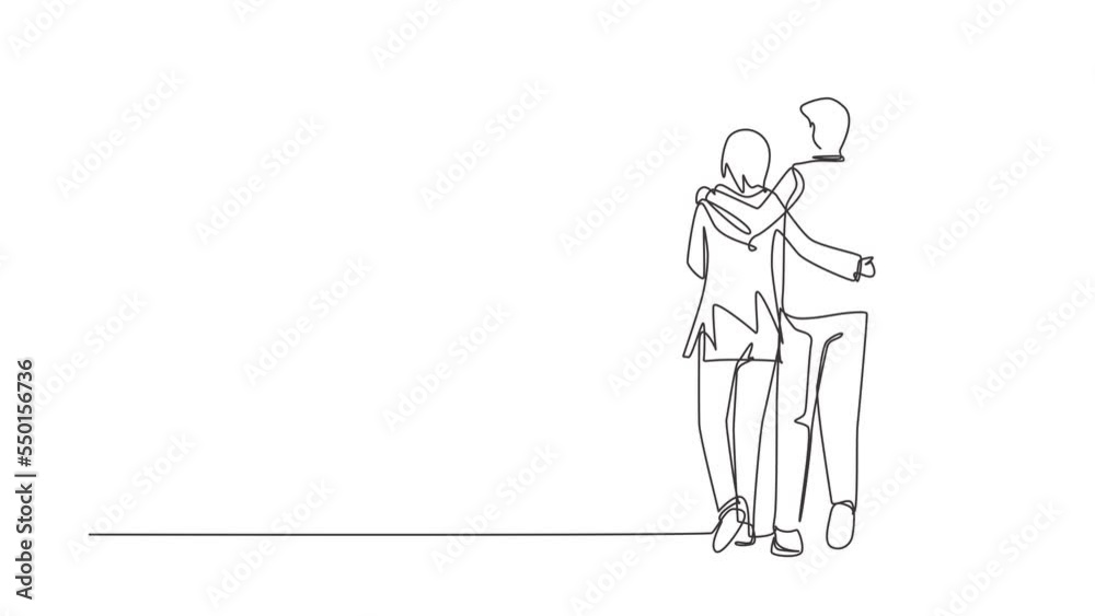 Animated self drawing of continuous line draw back view of Arabian couple with bicycle walking on sunny autumn day. Man and woman in love. Happy romantic married couple. Full length one line animation Animated self drawing of continuous line draw back view of Arabian couple with bicycle walking on sunny autumn day. Man and woman in love. Happy romantic married couple. Full length one line animation