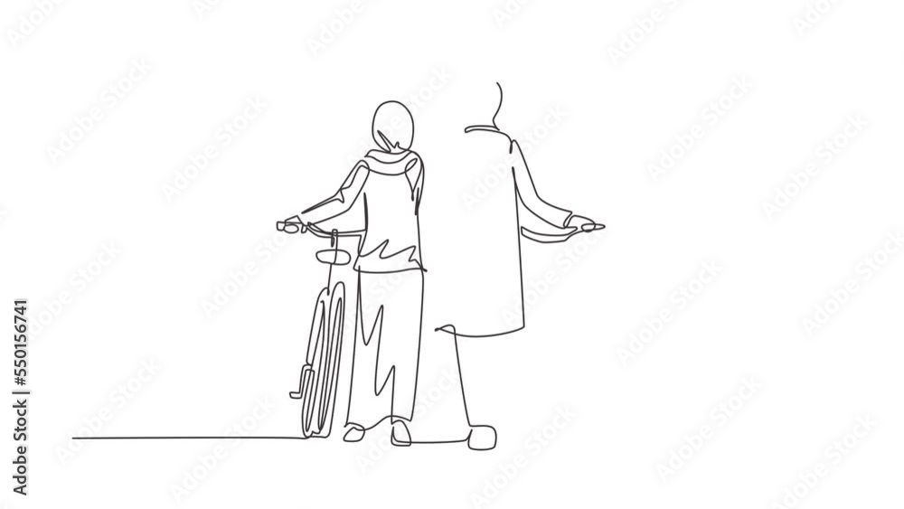 Animated self drawing of continuous line draw rear view couple Arab man, woman walking together with bicycle. Young boy and girl in love. Happy romantic married couple. Full length one line animation Animated self drawing of continuous line draw rear view couple Arab man, woman walking together with bicycle. Young boy and girl in love. Happy romantic married couple. Full length one line animation