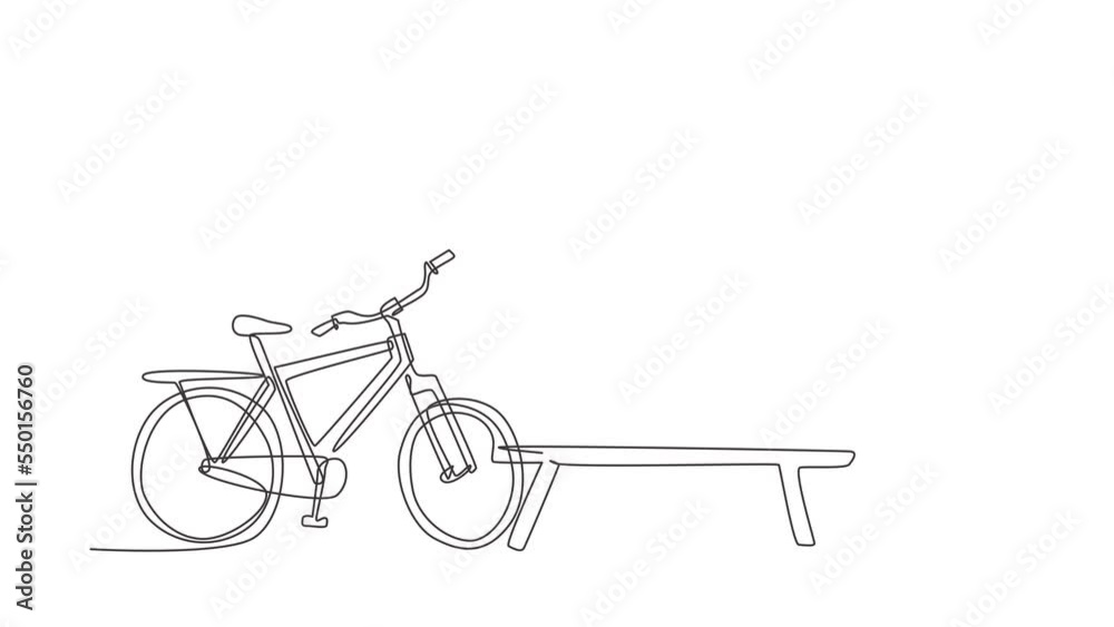 Animated self drawing of continuous line draw back view romantic Arabian couple chatting while sitting and hugging on bench. Happy man woman riding an electric bike. Full length single line animation