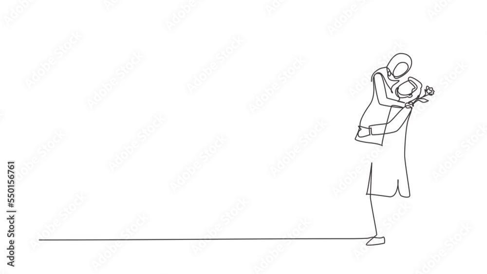 Self drawing animation of single line draw man making proposal marriage to woman. Boy surprises his girl and giving flowers. Engagement and love relation. Continuous line draw. Full length animated Self drawing animation of single line draw man making proposal marriage to woman. Boy surprises his girl and giving flowers. Engagement and love relation. Continuous line draw. Full length animated