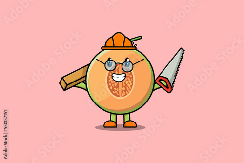 Cute cartoon Melon as carpenter character with saw and wood in flat modern style design