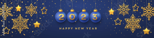 Happy New Year 2023. Hanging blue Christmas bauble balls with realistic golden 3d numbers 2023. Golden snowflakes and 3D metallic stars on blue background. Holiday banner, header. Vector Illustration.