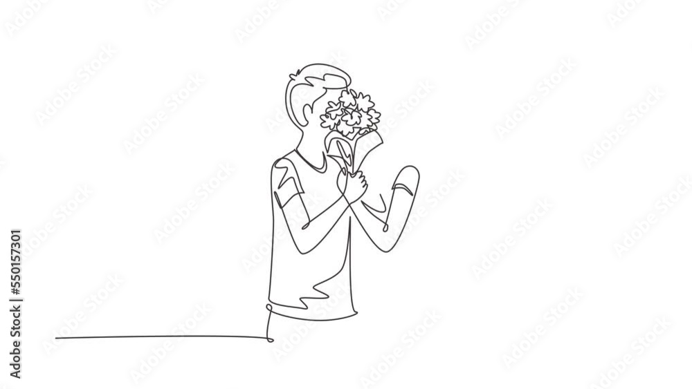 Self drawing animation of single line draw young couple hugging and kissing behind bouquet of flowers. Happy man and woman celebrating wedding anniversary. Continuous line draw. Full length animated Self drawing animation of single line draw young couple hugging and kissing behind bouquet of flowers. Happy man and woman celebrating wedding anniversary. Continuous line draw. Full length animated