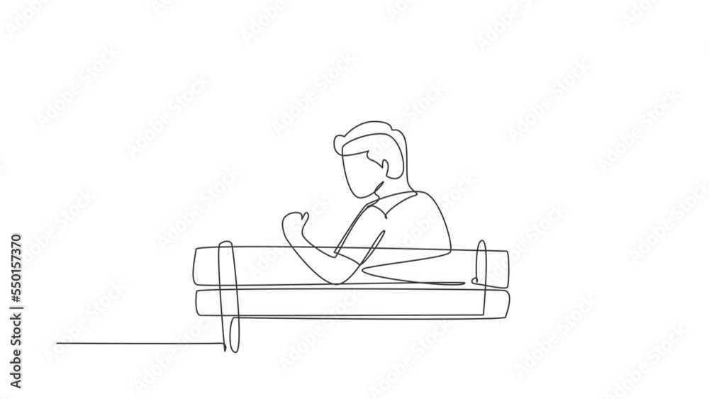 Self drawing animation of single one line draw couple sweet kissing sitting on bench in park romantic scenery. Happiness guy and girl relationship in love. Continuous line draw. Full length animated