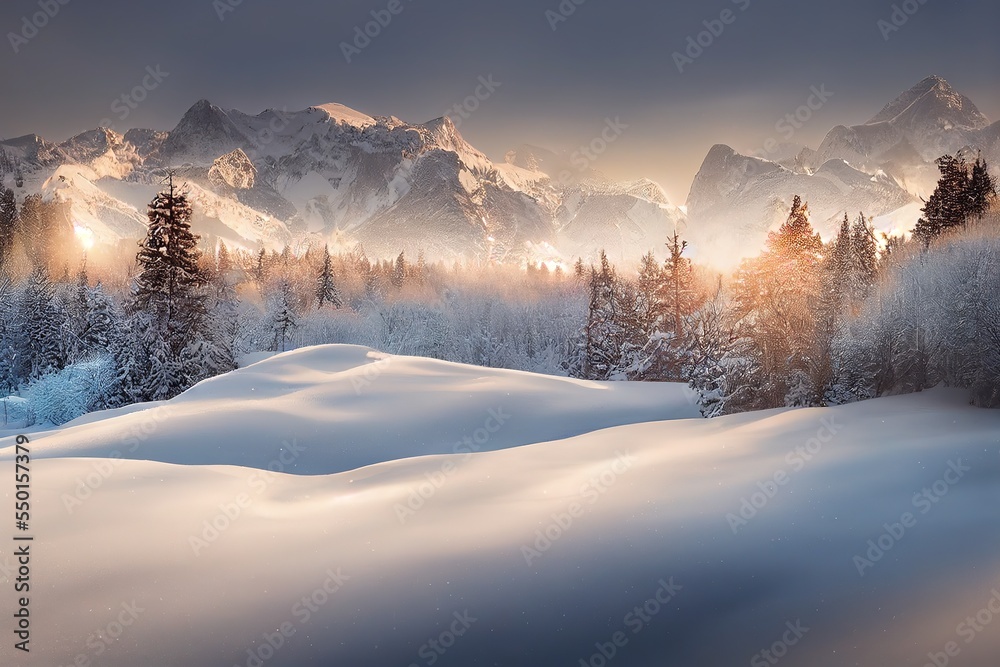 gorgeous winter landscape, mountains in winter. Fluffy winter snow covered tree, wintery postcard concept