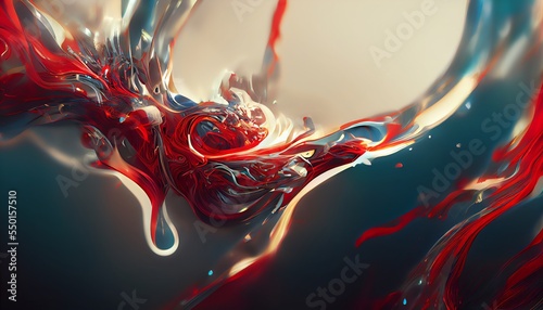 Abstract crimson and red paint splatter background. Fluid shapes, dynamic composition. Design element. 
