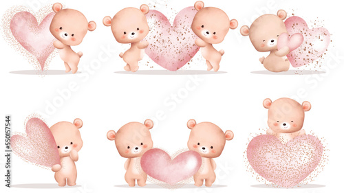 Watercolor Illustration set of  cute teddy bears with pink heart