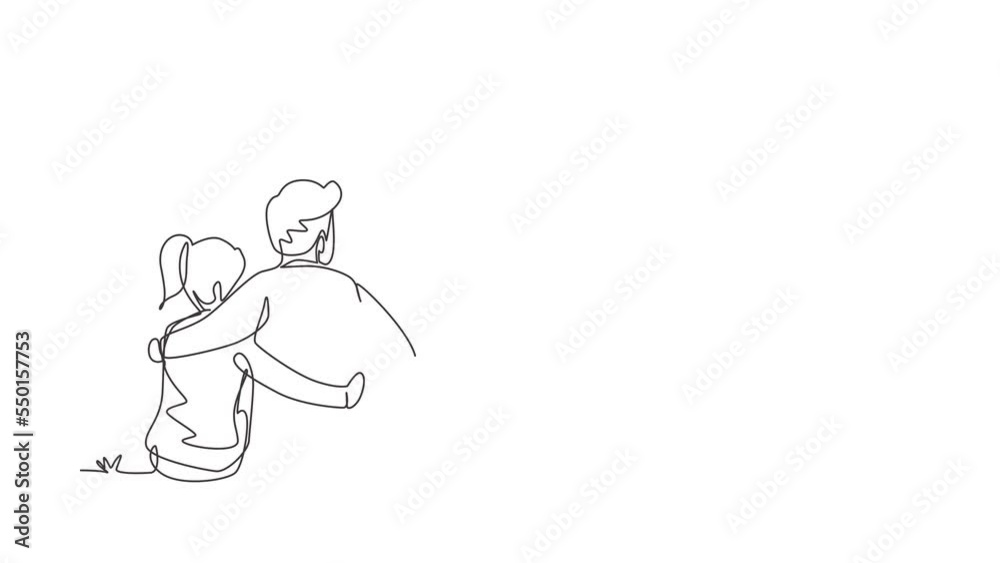 Animated self drawing of continuous line draw romantic couple in love sitting, hugging at city park. Happy couple getting ready for wedding. Engagement, love relation. Full length one line animation Animated self drawing of continuous line draw romantic couple in love sitting, hugging at city park. Happy couple getting ready for wedding. Engagement, love relation. Full length one line animation