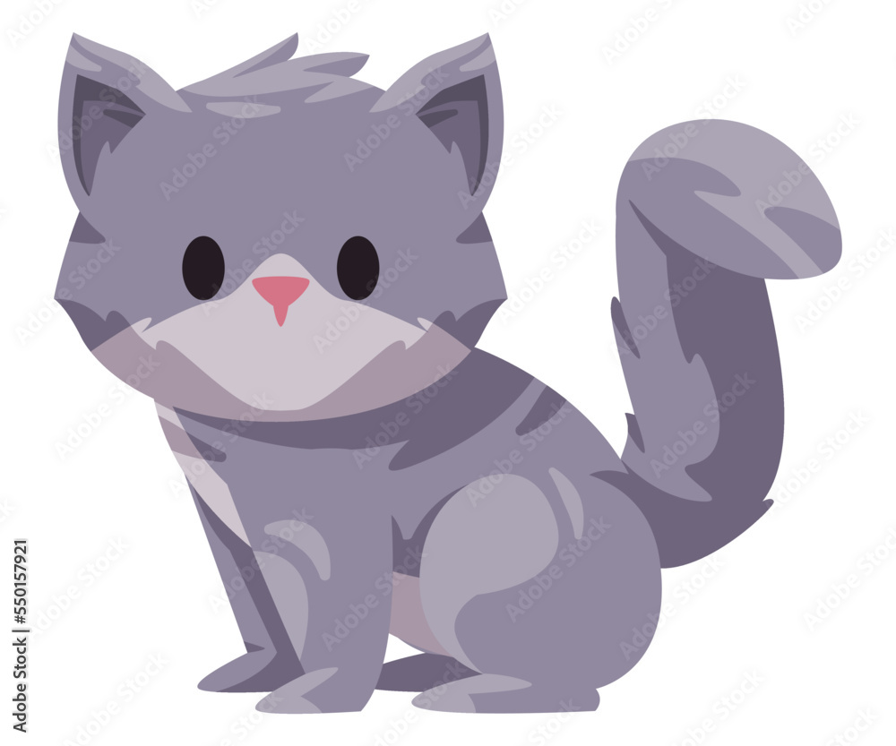 Grey furry cat kitten sitting cute adorable cartoon illustration