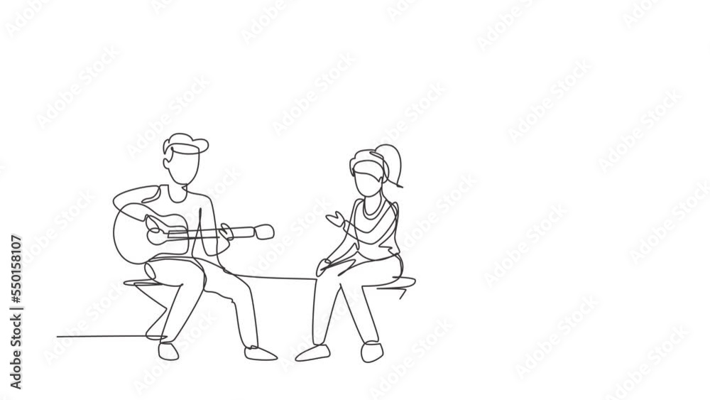 Animated self drawing of continuous line draw couple camping. Camper sitting by campfire next to tent, guy playing music guitar, people enjoy picnic. Summer tourism. Full length single line animation Animated self drawing of continuous line draw couple camping. Camper sitting by campfire next to tent, guy playing music guitar, people enjoy picnic. Summer tourism. Full length single line animation