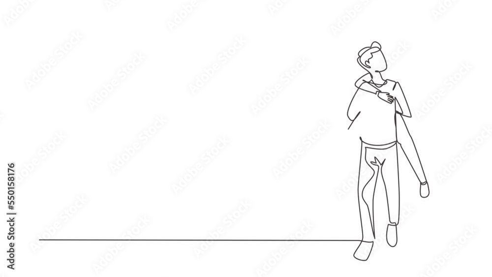 Animated self drawing of continuous line draw man carrying and embracing woman. Happy romantic couple in love. Young couple relationship celebrate wedding anniversary. Full length one line animation