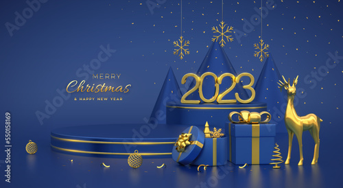 Christmas Scene and 3D round platforms on blue background. 3D Golden numbers 2023. Blank Pedestal with deer, shining snowflakes, balls, gift boxes, gold metallic cone shape pine, spruce trees. Vector.