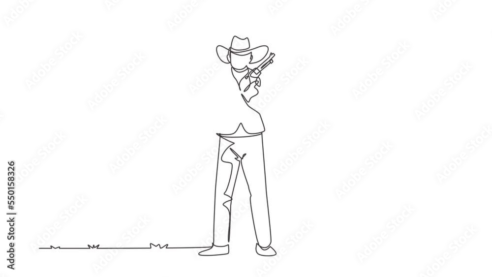 Self drawing animation of single line draw gunslinger holding two guns. American cowboys holding his two weapons above his chest. Weapons for self-defense. Continuous line draw. Full length animated Self drawing animation of single line draw gunslinger holding two guns. American cowboys holding his two weapons above his chest. Weapons for self-defense. Continuous line draw. Full length animated