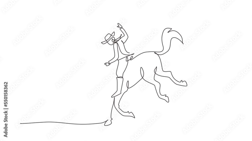 Animated self drawing of single continuous line draw cowboy on wild horse mustang. Rodeo cowboy riding wild horse on wooden sign. Cowboy riding wild horse race. Full length one line animation Animated self drawing of single continuous line draw cowboy on wild horse mustang. Rodeo cowboy riding wild horse on wooden sign. Cowboy riding wild horse race. Full length one line animation