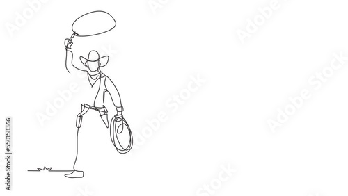 Animated self drawing of single continuous line draw western cowboy standing and throwing lasso and wild west elements. Man with cowboy hat and lasso at desert. Full length one line animation
