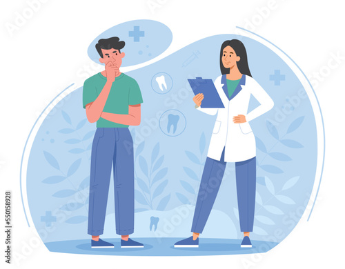 Dental consultation concept. Man puts hand on his cheek and listens to advice from woman in medical gown. Physician and specialist. Health care and oral hygiene. Cartoon flat vector illustration