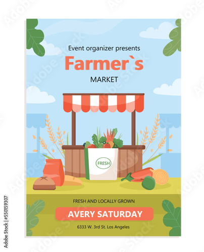 Farmers market poster. Support your local store, natural and organic products, harvest. Metaphor of countryside. Website cover, marketing and advertising concept. Cartoon flat vector illustration