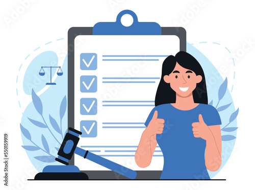 Notary license concept. Woman shows two thumbs up against background of document and concluded contract. Successful lawyer with judges gavel, novice specialist. Cartoon flat vector illustration