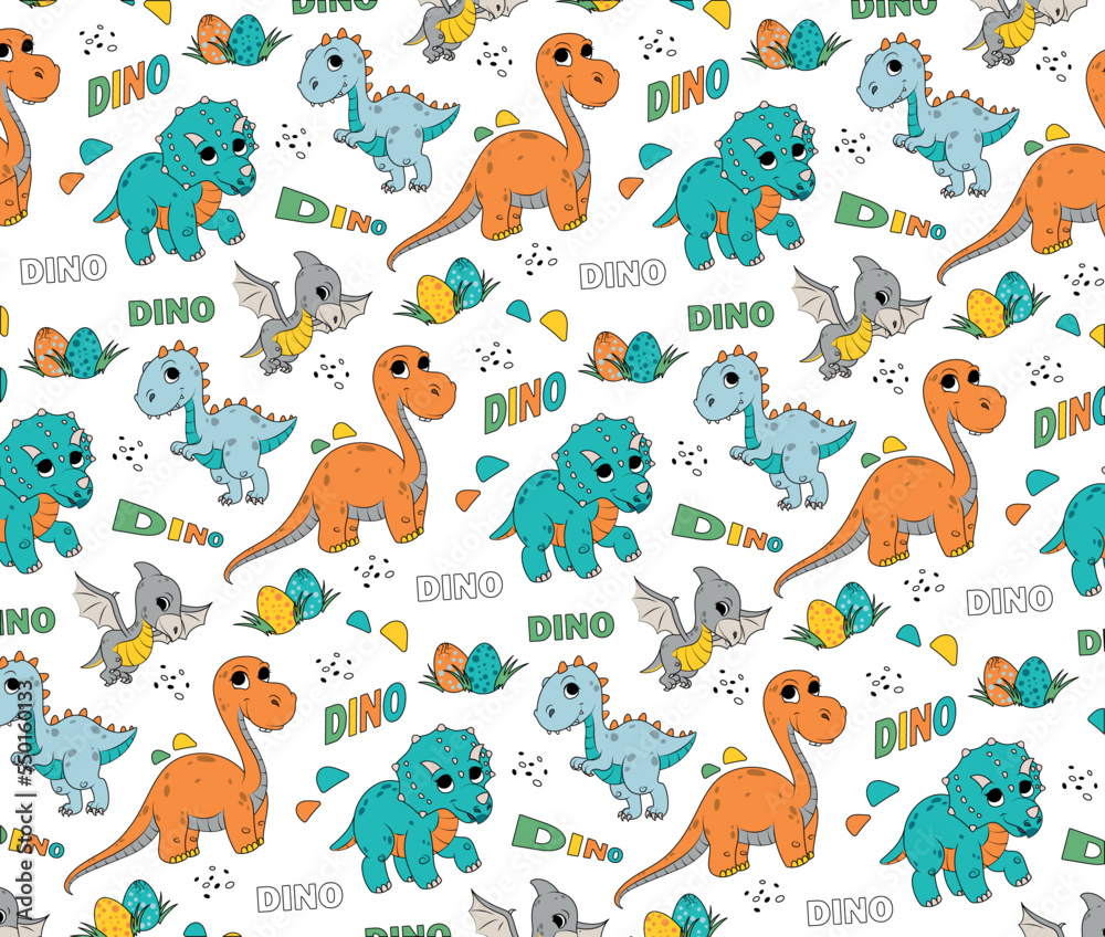 Obraz premium Seamless pattern with dinosaurs. Repeating design element for printing on fabric. Animal and fauna BC. Fictional character, toy or mascot for children, imagination. Cartoon flat vector illustration