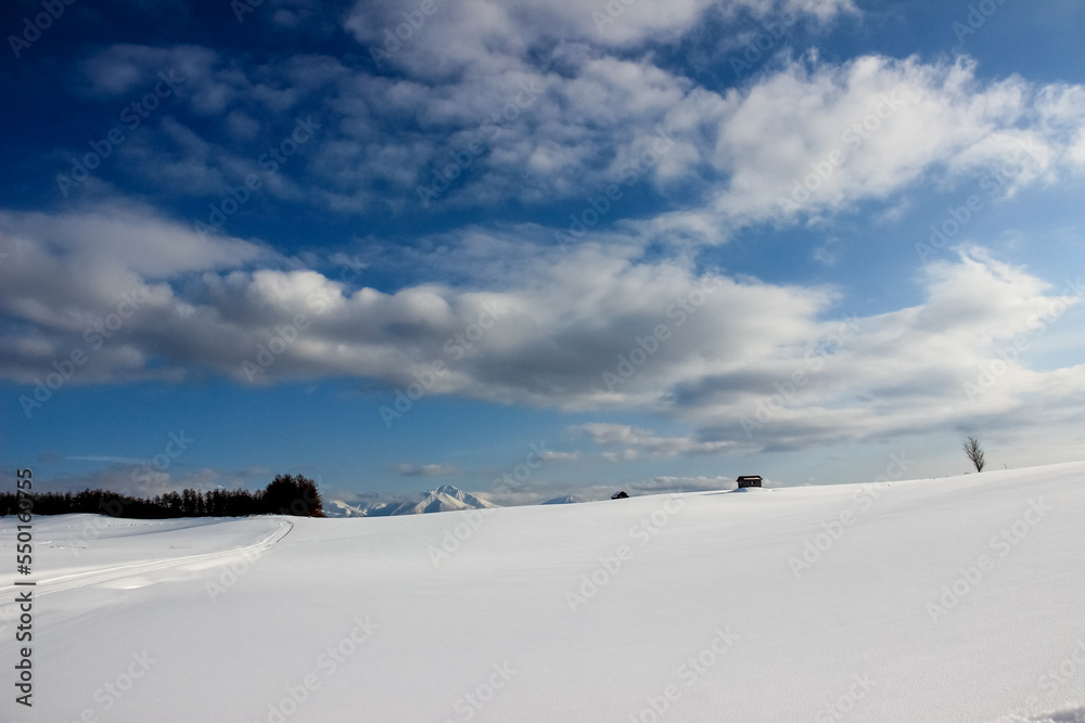 雪原と冬の青空　十勝岳連峰
