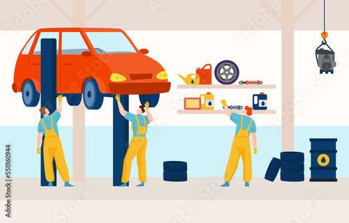 Professional character car service center, hard worker man mechanic, vehicle workplace lift concept flat vector illustration.