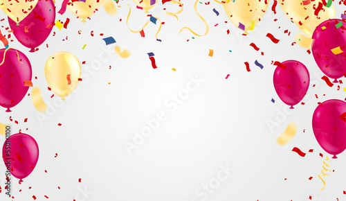 Realistic balloon background for party Happy New Year poster 2023. and helium ballon on ribbon, glitter bright balloons, confetti and   background. Vector illustration.