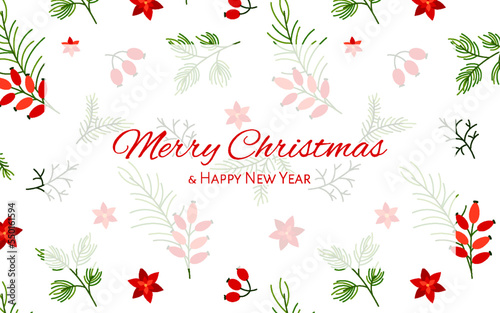 Natural Christmas card spruce fir berry floral pine branch flat. Traditional holiday palette white red green plant briar poinsettia spruce gold beads star lettering font elegant greeting gift label