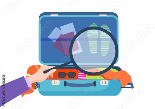Male hand hold magnifying glass, customs administration service search prohibited substances flat vector illustration, isolated on white.