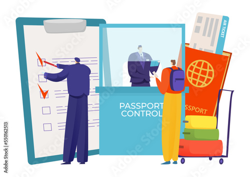 Inspector officer checking passport control, tiny character passing customs inspection flat vector illustration, isolated on white.