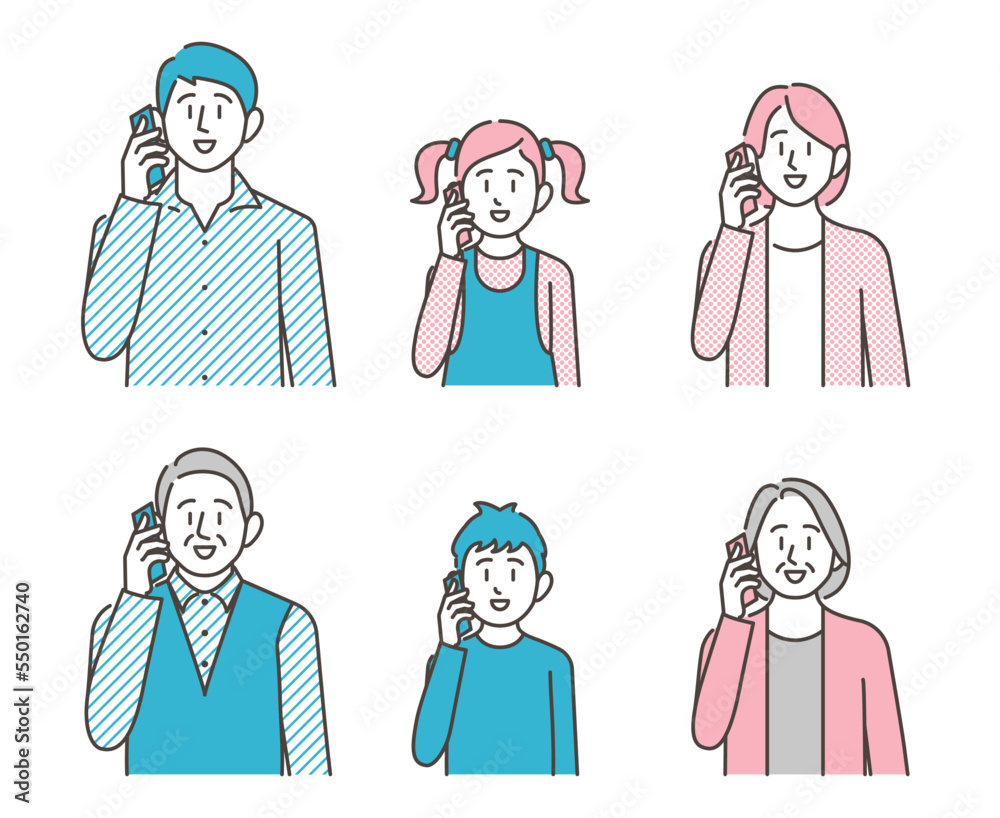 Vector illustration of a family of men and women, young and old, on the phone with a smartphone. Vector illustration of a family of men and women, young and old, on the phone with a smartphone.