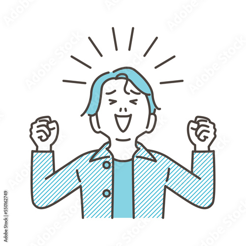 Cute boy smiling and raising his fists in the air with joy [Vector illustration].