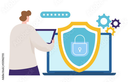 Male character work laptop cyber security, professional programmer protect personal data information flat vector illustration, isolated on white.
