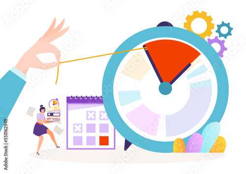 Businessman hand hold thread, tiny character woman deadline time management work processes flat vector illustration, isolated on white.