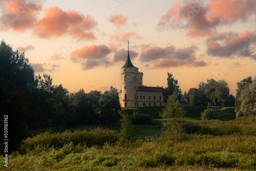 View of the Castle of the Russian Emperor Paul I-Marienthal (BIP fortress) from the Slavyanka River on a sunny summer morning, Pavlovsk, Saint Petersburg, Russia