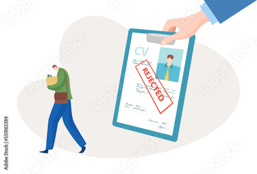 Dismissed employee tiny male character, human resources career problem, rejected specialist flat vector illustration, isolated on white.