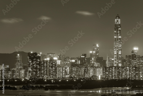 Night scenery of skyline of Shenzhen city  China. Viewed from Hong Kong border